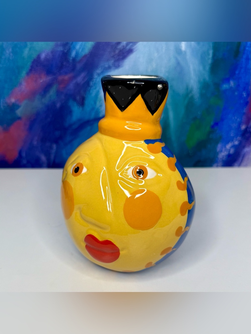 Alison Palmer Ceramic Vase Sun Face Queen Artist Signed Celestial Original Art